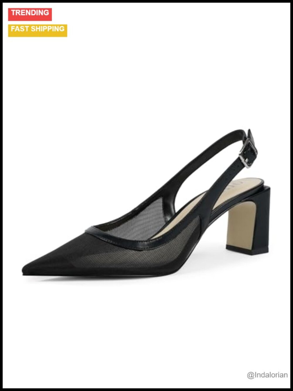 Faux Leather Mesh Pointed Toe Slingback Block Heel Pumps